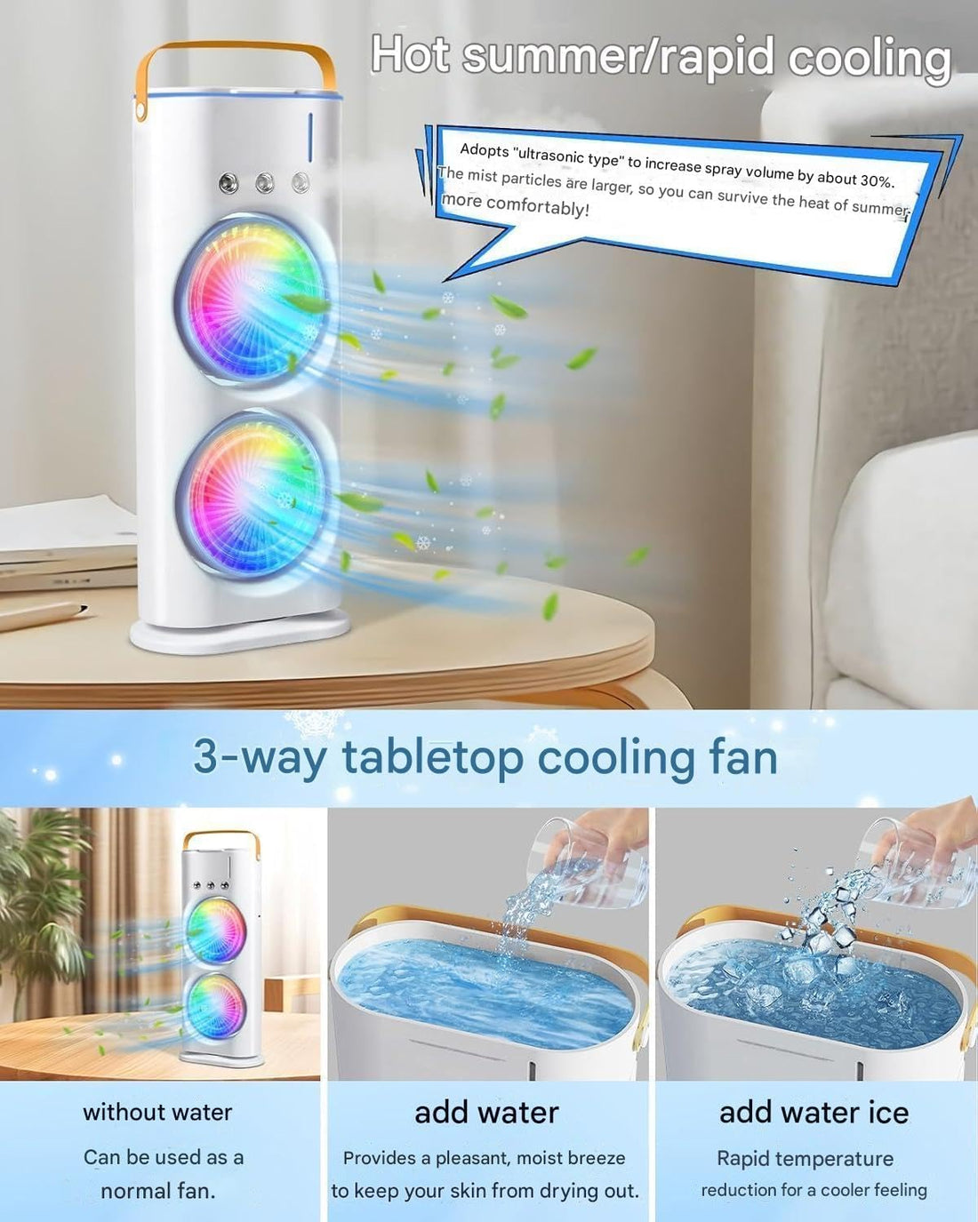 Rechargeable Rotating Spray Fan with Lightening Effects